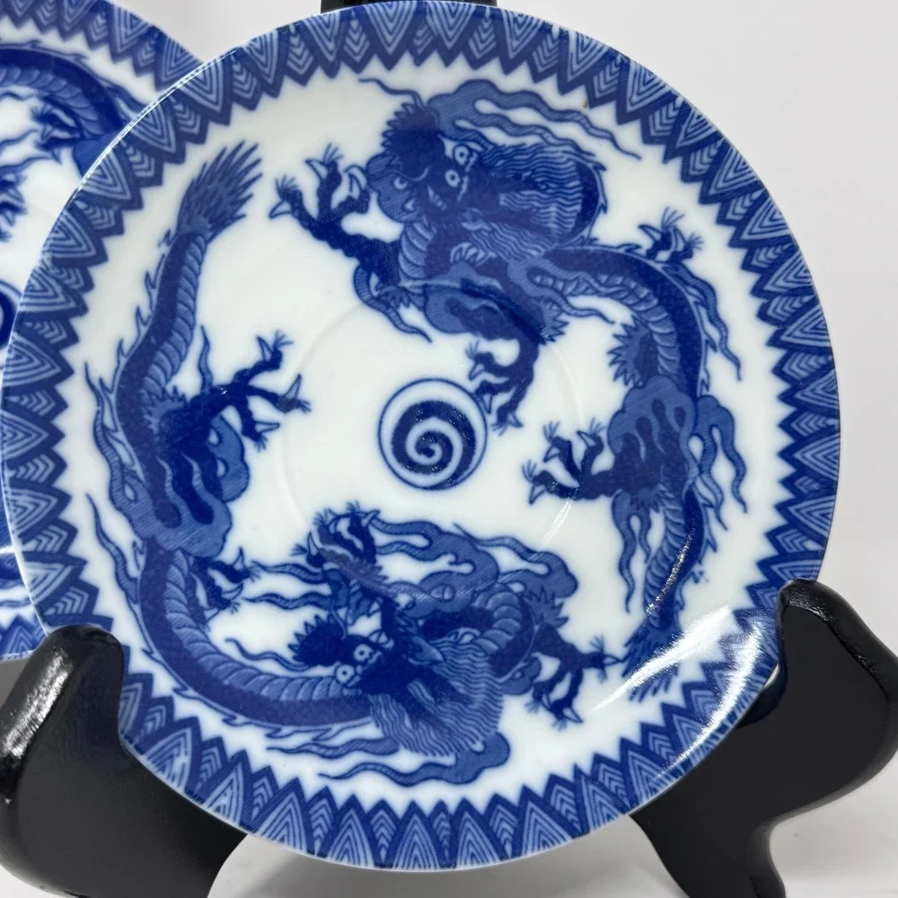 Vintage Japanese Blue & White Dragon Saucer Plates Set of 2